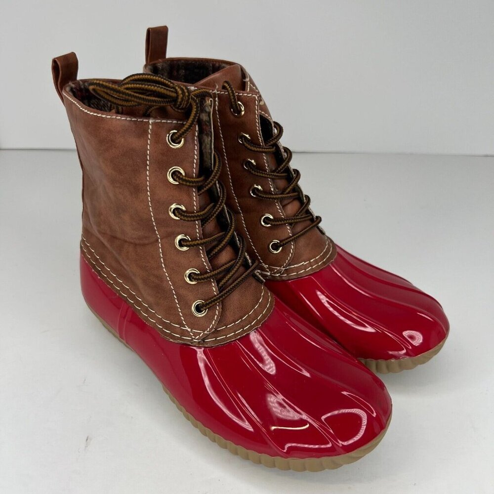 Dr Scholl's Women's Red Brown Lace-Up Sleek Waterproof Size 7 Rain Duck Boots - Picture 2 of 10